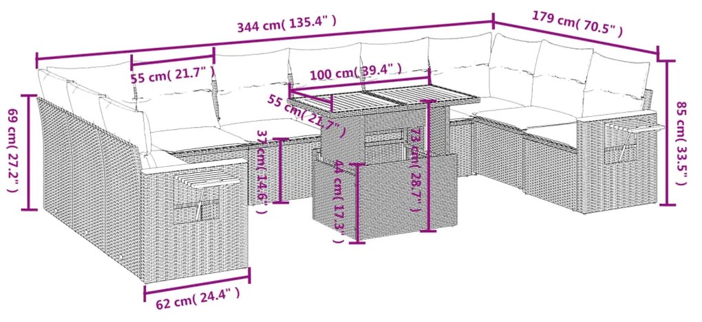 vidaXL Σαλόνι Κήπου Σετ 11 τεμ. Μπεζ Συνθετικό Ρατάν με Μαξιλάρια