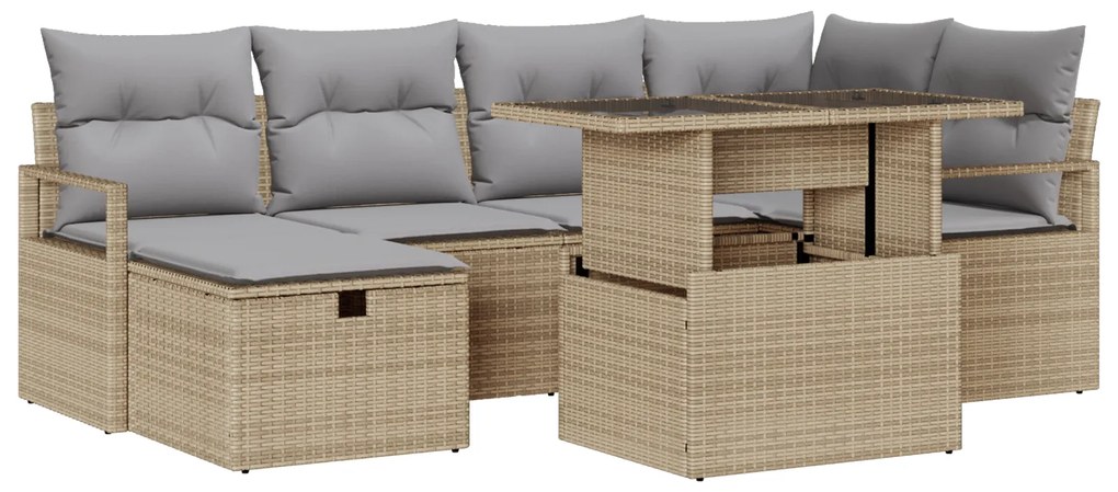 vidaXL Σετ καναπέ κήπου 7 τμχ με μαξιλάρια μπεζ Poly Rattan