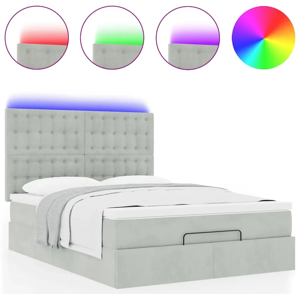 vidaXL Οθωμανικό κρεβάτι με στρώματα & LEDs Ανοιχτό γκρι Βελούδο
