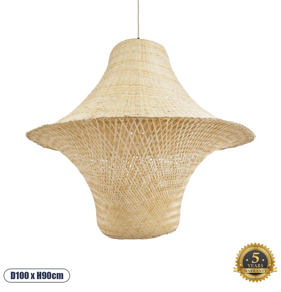 GloboStar® JUNIPER 02047 Boho Κρεμαστό Φωτιστικό Οροφής Μονόφωτο 1 x E27 AC220-240V IP20 - Φ100 x Υ90cm - Μπεζ Ξύλινο Μπαμπού Πλέγμα Καμπάνα - 5 Χρόνια Εγγύηση