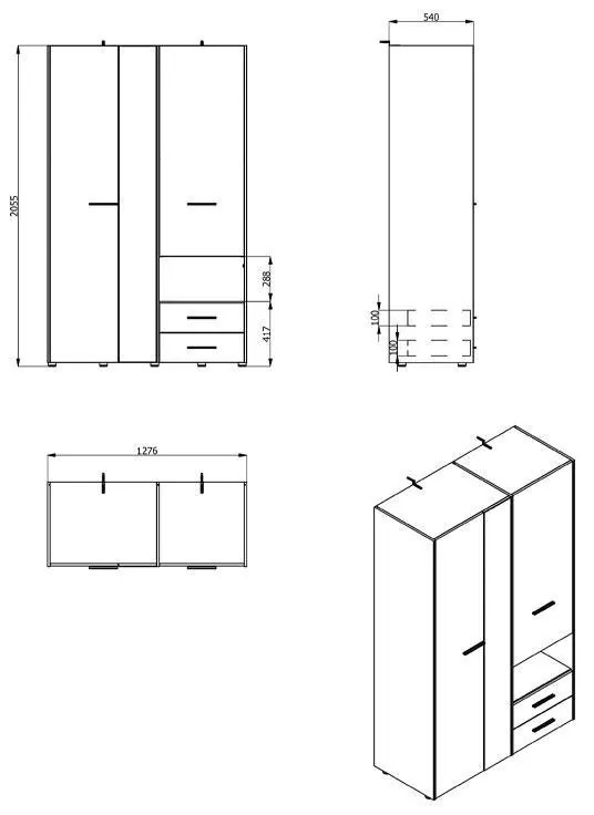 Ντουλάπα Leon με Καθρέφτη 3K2FO Λευκό 127.5x55x205.5 εκ. 127.5x55x205.5 εκ.