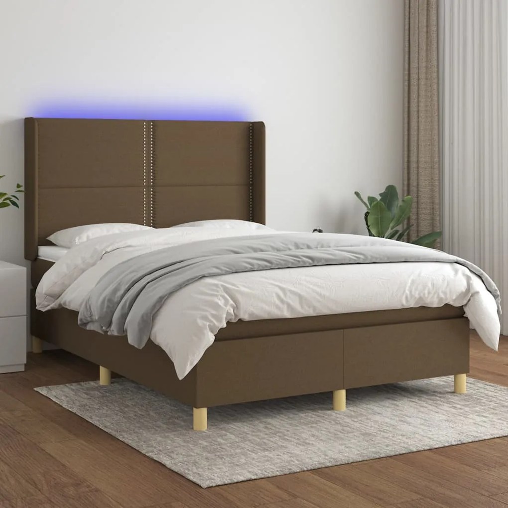 Κρεβάτι Boxspring με Στρώμα &amp; LED Σκ.Καφέ 140x200 εκ Υφασμάτινο