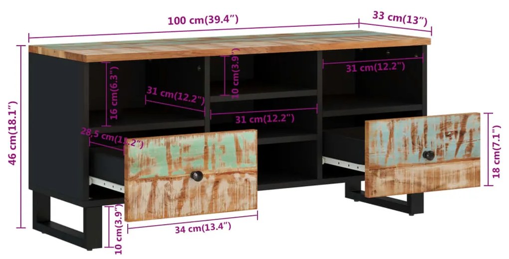 Έπιπλο Τηλεόρασης 100x33x46εκ. Μασίφ Ανακυκλ. Ξύλο &amp; Επεξ. Ξύλο - Πολύχρωμο