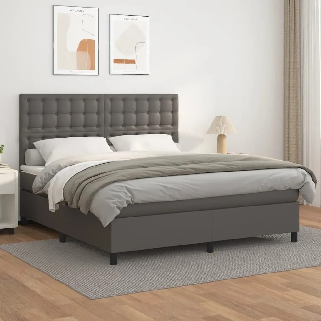 Κρεβάτι Boxspring με Στρώμα Γκρι 180x200 εκ. Συνθετικό Δέρμα - Γκρι