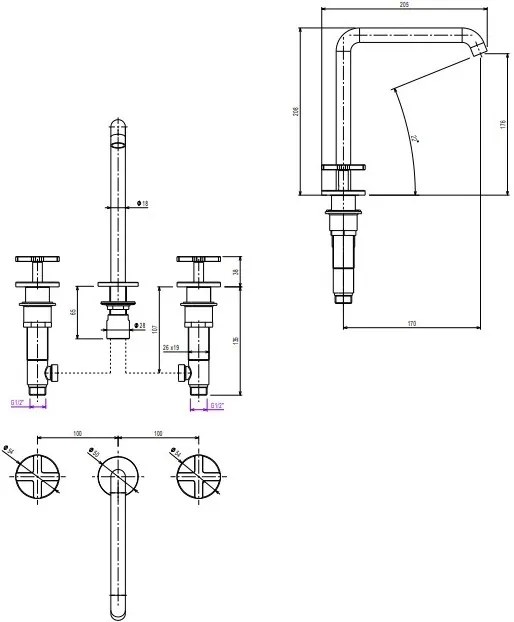 Μπαταρία νιπτήρα 3 οπών με βαλβίδα Clic-Clac Εlle Cross La Torre-Inox