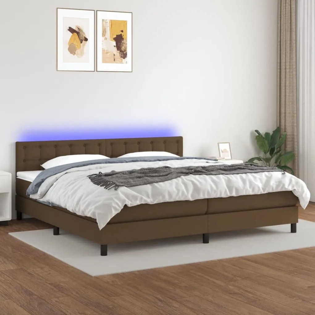 Κρεβάτι Boxspring με Στρώμα &amp; LED Σκ.Καφέ 200x200 εκ Υφασμάτινο - Καφέ