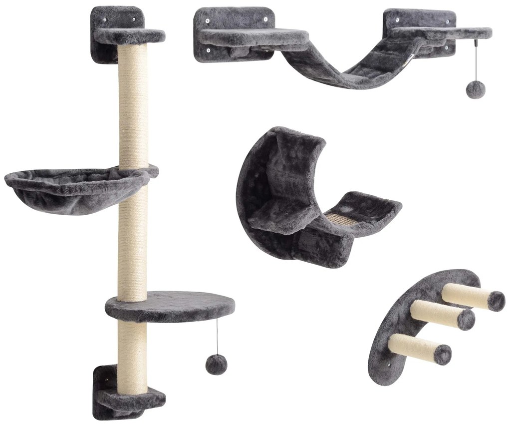 PawHut Τρίποδο για Γάτες 4 τεμαχίων Σετ Κρεβάτι για Γάτες με Αιώρα, Γέφυρα για Γάτες έως 5 kg, Σκούρο Γκρι