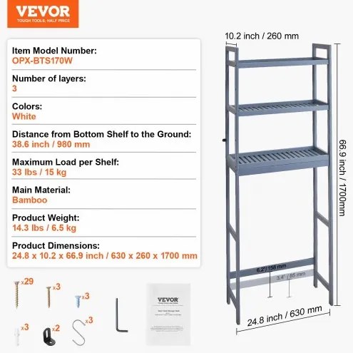 VEVOR Over the Toilet Storage 3-Tier Bathroom Shelf Rack Space Saver Organizer