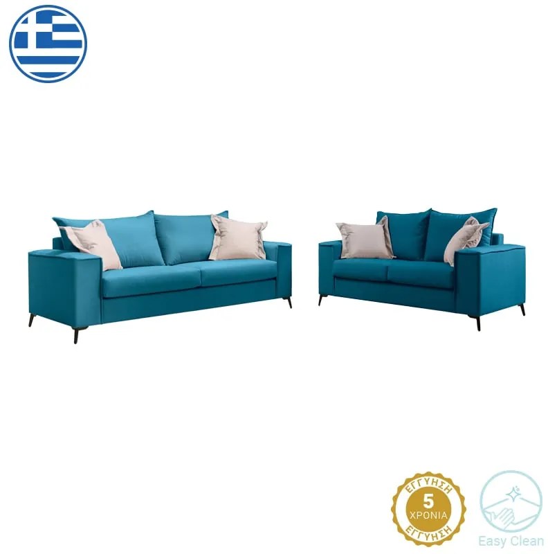 Σετ σαλονιού 2τεμ Verona pakoworld πετρόλ ύφασμα με μαξιλάρια σε μπεζ απόχρωση