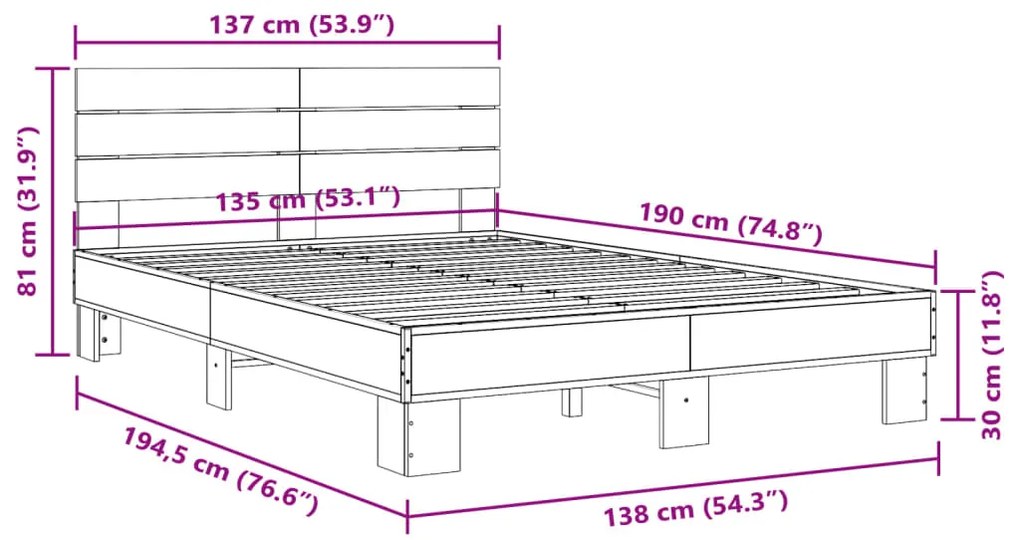 Πλαίσιο Κρεβατιού Γκρι Sonoma 135x190 εκ. Επεξ. Ξύλο &amp; Μέταλλο - Γκρι