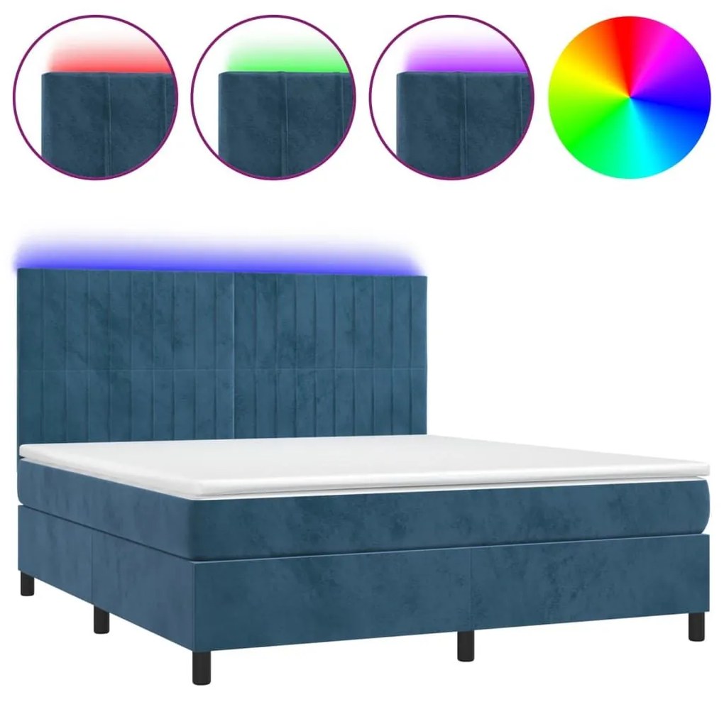 Κρεβάτι Boxspring με Στρώμα &amp; LED Σκ. Μπλε 160x200εκ. Βελούδινο - Μπλε