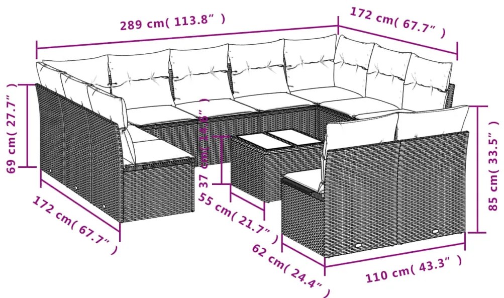vidaXL Σαλόνι Κήπου 12 Τεμαχίων Μαύρο Συνθετικό Ρατάν με Μαξιλάρια