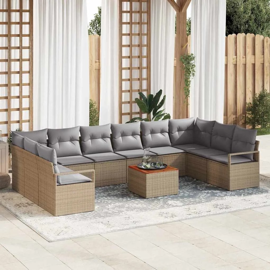 vidaXL Σετ Καναπέ Κήπου με μαξιλάρι 11 pcs Μπεζ Πολυ ράταν