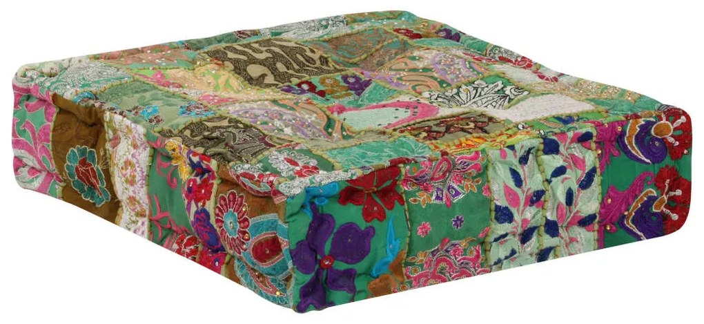 vidaXL Πουφ Patchwork Τετράγωνο Χειροπ. Πράσινο 50x50x12 εκ. Βαμβάκι