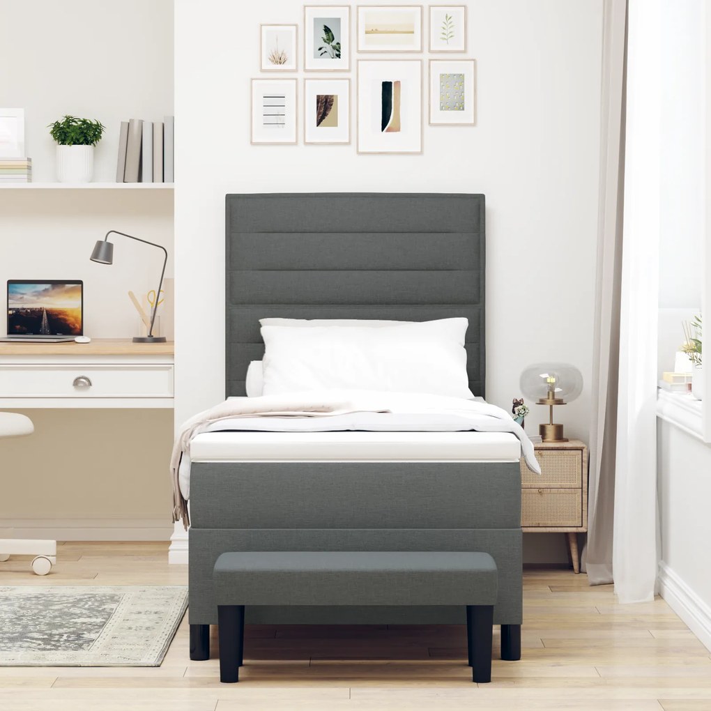 vidaXL Κρεβάτι Box Spring με Στρώμα & Παγκάκι Σκούρο Γκρι 90x190 εκ. Ύφασμα