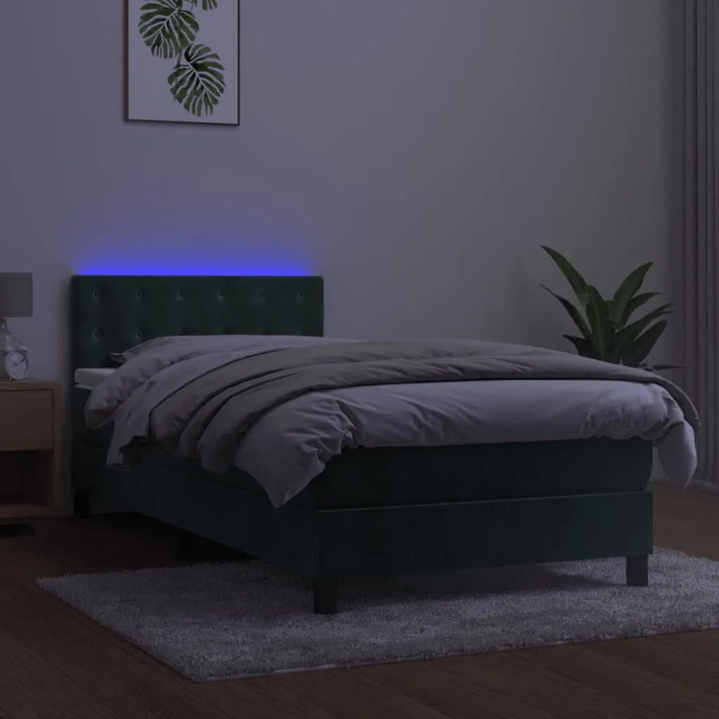 vidaXL Κρεβάτι Boxspring με Στρώμα & LED Σκ. Πράσινο 90x200 εκ Βελούδο