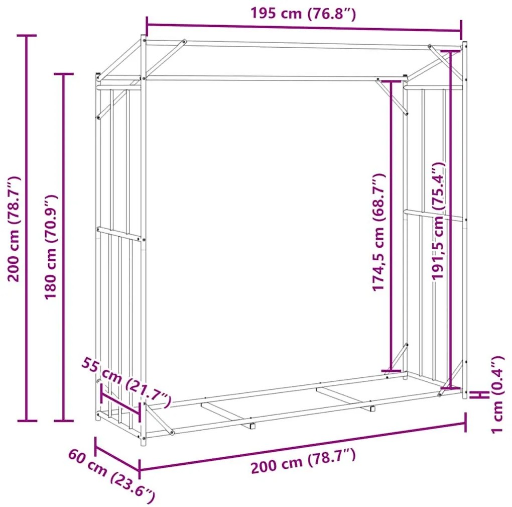 Ράφι για καυσόξυλα με κάλυμμα βροχής 200x60x200 εκ. - Μαύρο