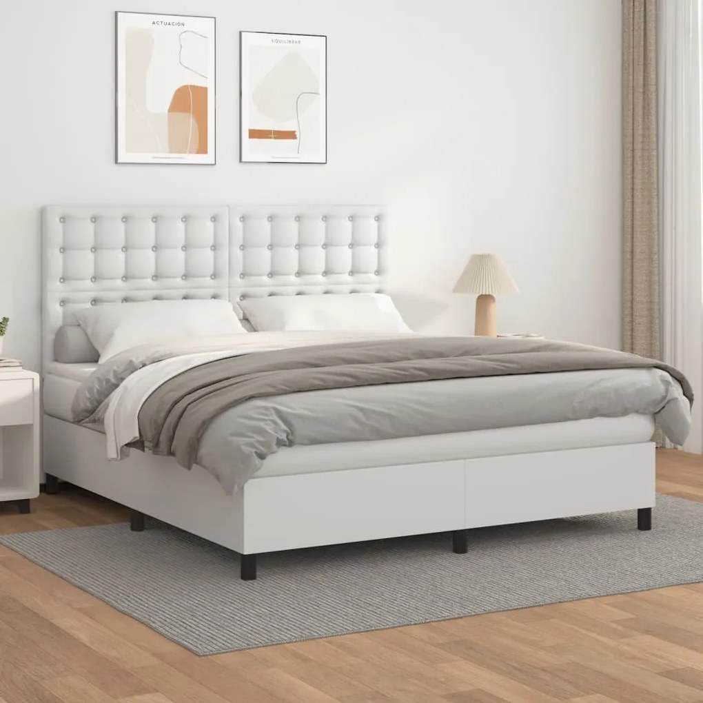 vidaXL Κρεβάτι Boxspring με Στρώμα Λευκό 160x200εκ.από Συνθετικό Δέρμα