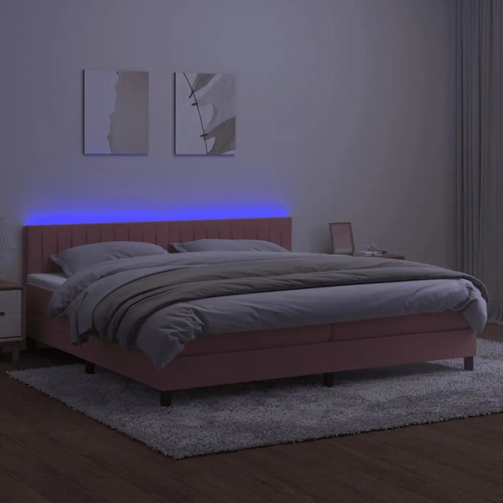 vidaXL Κρεβάτι Boxspring με Στρώμα & LED Ροζ 200x200 εκ. Βελούδινο