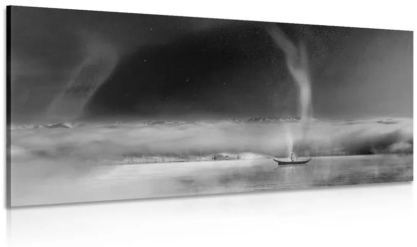 Εικόνα του βόρειου σέλας πάνω από μια παγωμένη λίμνη σε άσπρο και μαύρο - 100x50