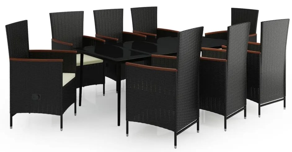 vidaXL Σετ Τραπεζαρίας Κήπου 9 τεμ Μαύρο με Μαξιλάρια