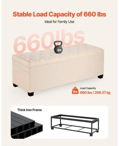 VEVOR Storage Ottoman Bench, Button-Tufted End of Bed Bench with Side Bags, Flip-up Upholstered Storage Chest with Metal Frame, Linen Bed Ottoman for Living Room, Bedroom, Entryway, Office, Beige