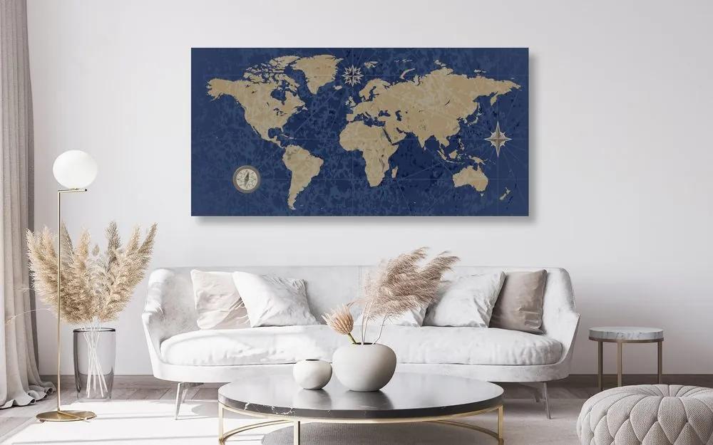 Εικόνα στον παγκόσμιο χάρτη φελλού με πυξίδα σε ρετρό στυλ σε μπλε φόντο - 100x50  transparent