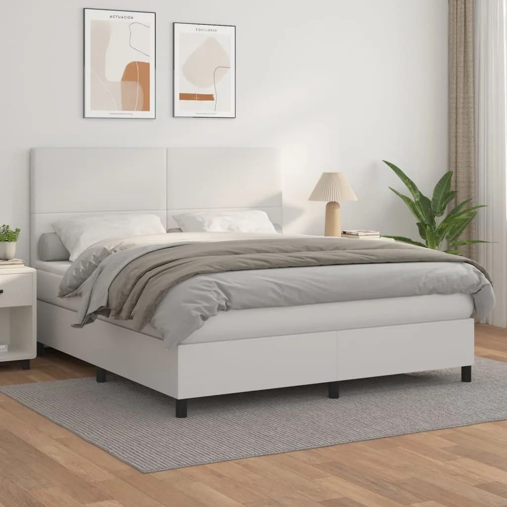 vidaXL Κρεβάτι Boxspring με Στρώμα Λευκό 160x200εκ.από Συνθετικό Δέρμα