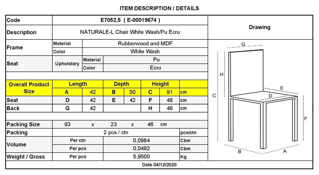 NATURALE Καρέκλα White Wash, Pu Εκρού   2τμχ