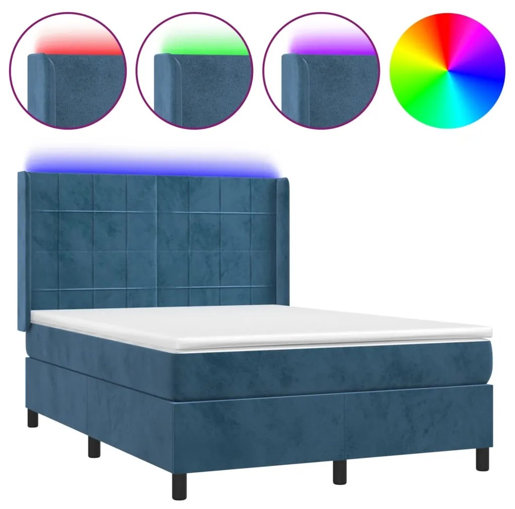 Κρεβάτι Boxspring με Στρώμα &amp; LED Σκ. Μπλε 140x200εκ. Βελούδινο - Μπλε