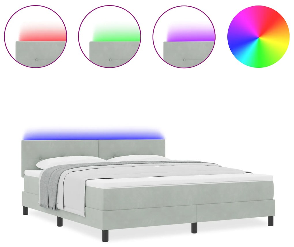 vidaXL Κρεβάτι Box Spring με Στρώμα & LED Φως Γκρί 180x200 εκ Βελούδο
