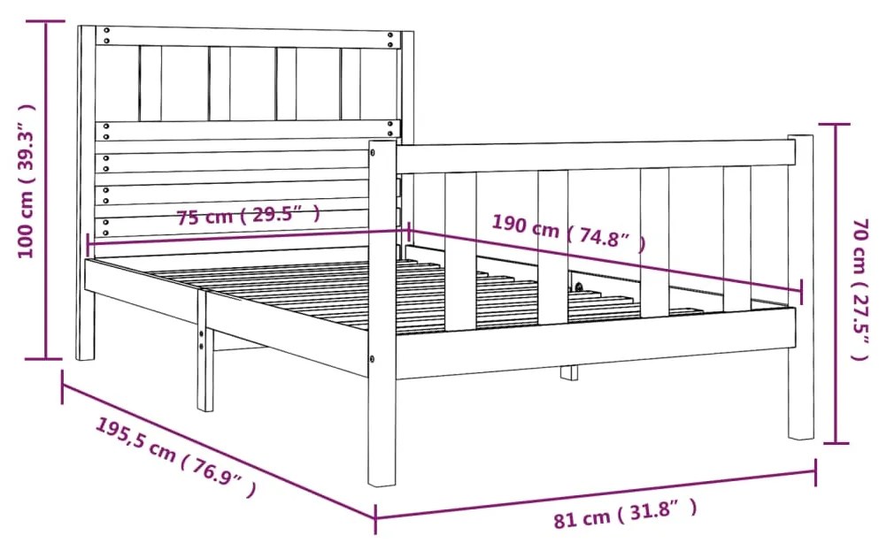 Πλαίσιο Κρεβατιού Λευκό 75x190 εκ. Μασίφ Ξύλο Small Single - Λευκό