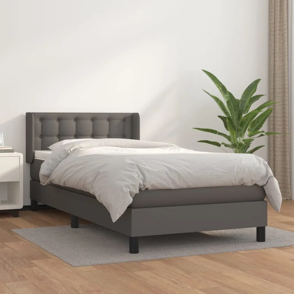 Κρεβάτι Boxspring με Στρώμα Γκρι 90x200 εκ. από Συνθετικό Δέρμα