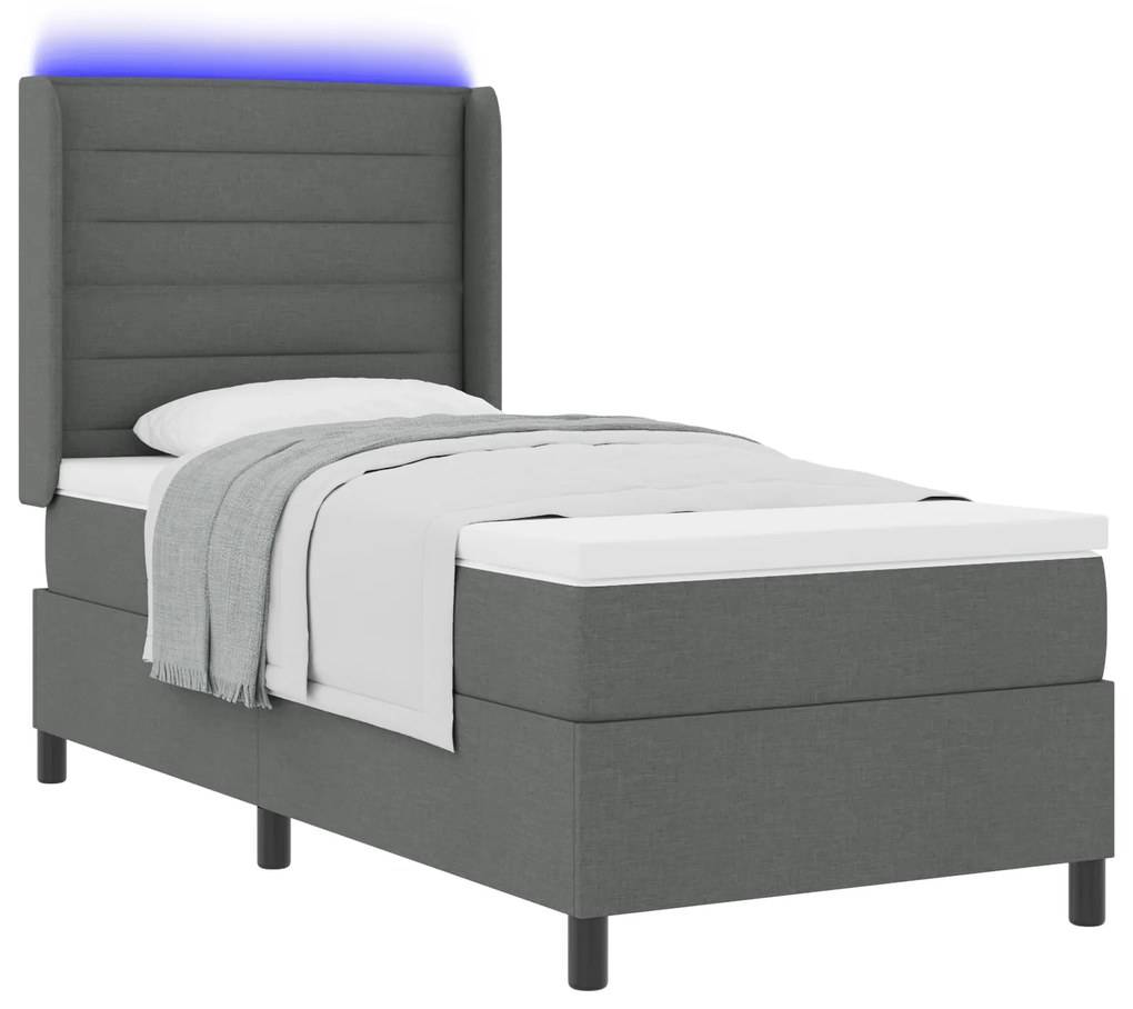 vidaXL Κρεβάτι με Στρώμα & LED Σκούρο Γκρι 90x200 εκ. Υφάσματος
