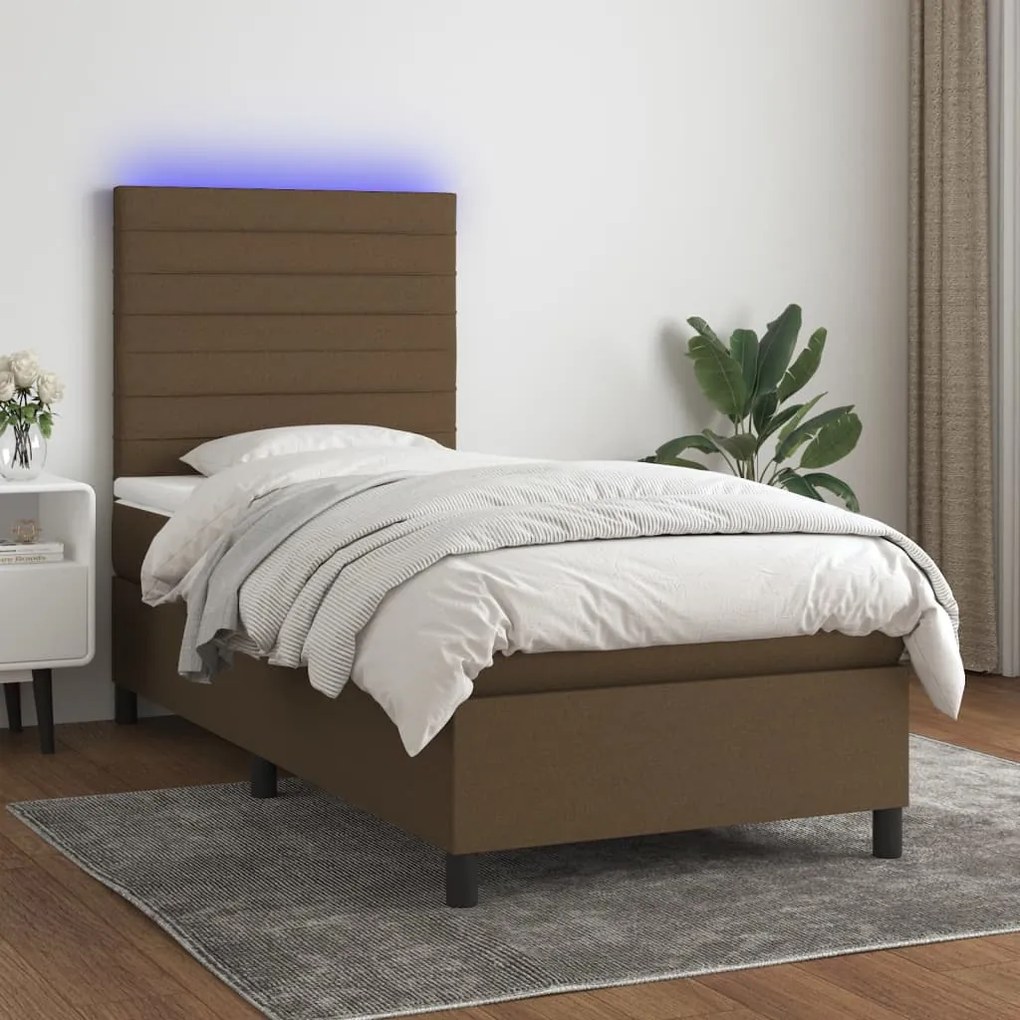 Κρεβάτι Boxspring με Στρώμα &amp; LED Σκ.Καφέ 90x200 εκ. Υφασμάτινο