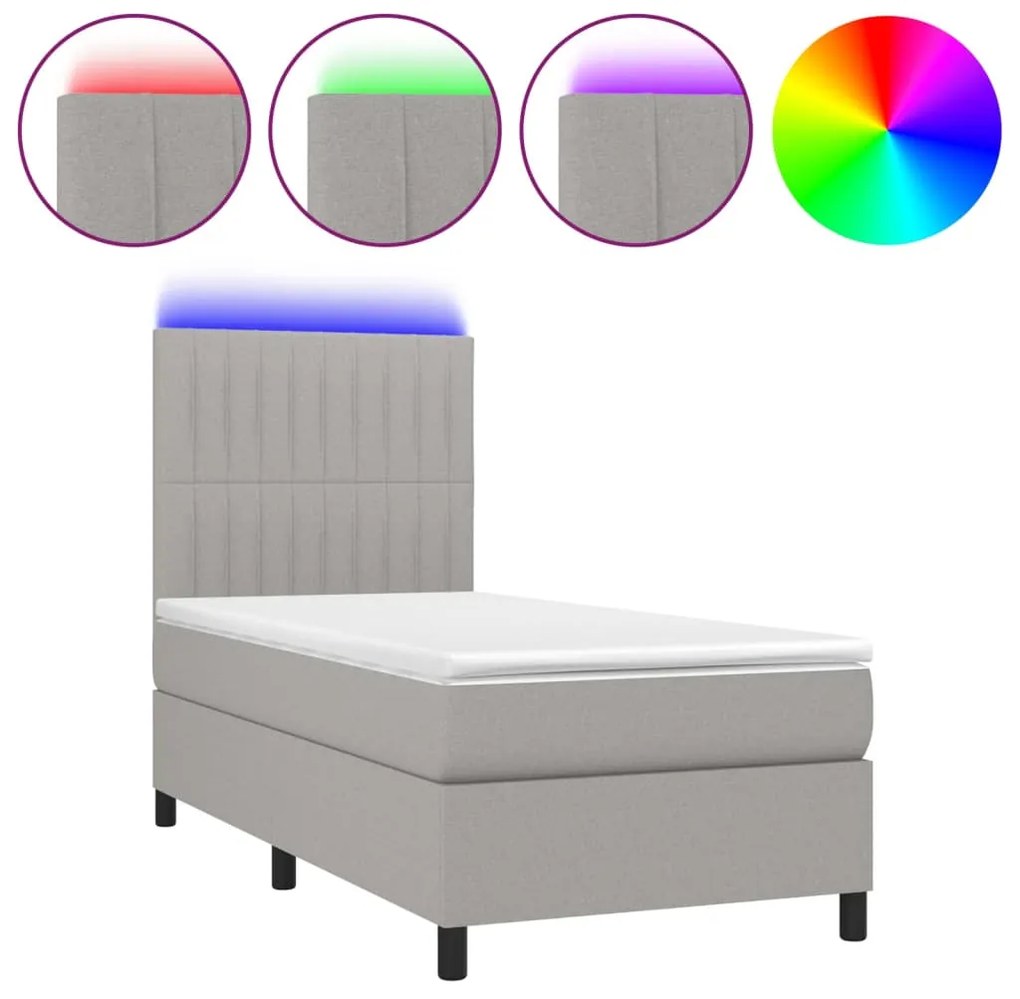 vidaXL Κρεβάτι Boxspring με Στρώμα &amp; LED Αν.Γκρι 90x200 εκ. Υφασμάτινο