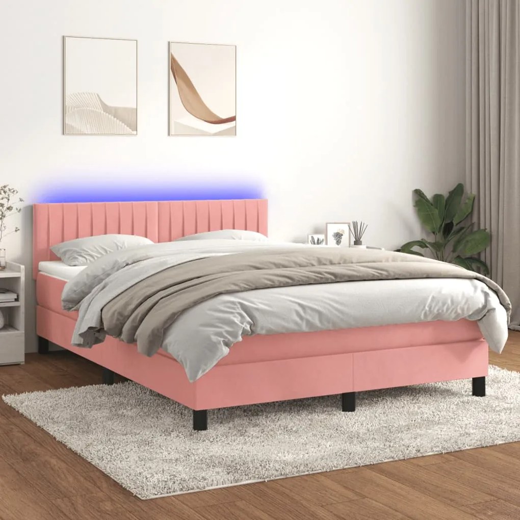 vidaXL Κρεβάτι Boxspring με Στρώμα & LED Ροζ 140x200 εκ. Βελούδινο