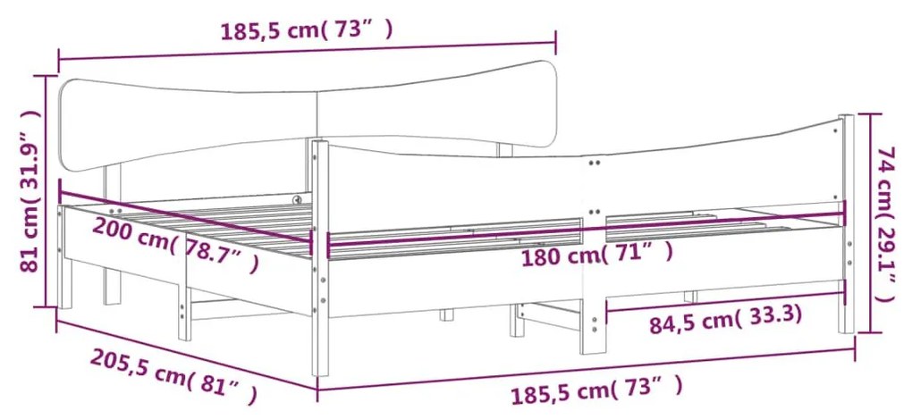 Πλαίσιο Κρεβατιού με Κεφαλάρι 180x200 εκ. από Μασίφ Ξύλο Πεύκου - Λευκό