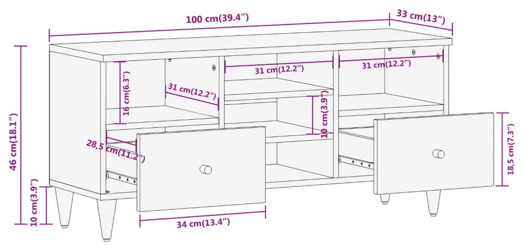 Έπιπλο Τηλεόρασης 100 x 33 x 46 εκ. από Μασίφ Ξύλο Μάνγκο - Καφέ