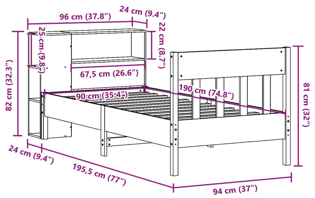 Κρεβάτι Βιβλιοθήκη Χωρίς Στρώμα 90x190 εκ Μασίφ Ξύλο Πεύκου - Καφέ