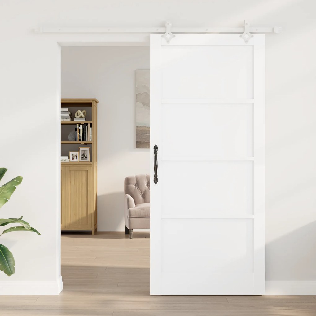 vidaXL Συρόμενη πόρτα με Σετ Αξεσουάρ Λευκή 93x211 εκ. Συμπαγές Ξύλο Πεύκο