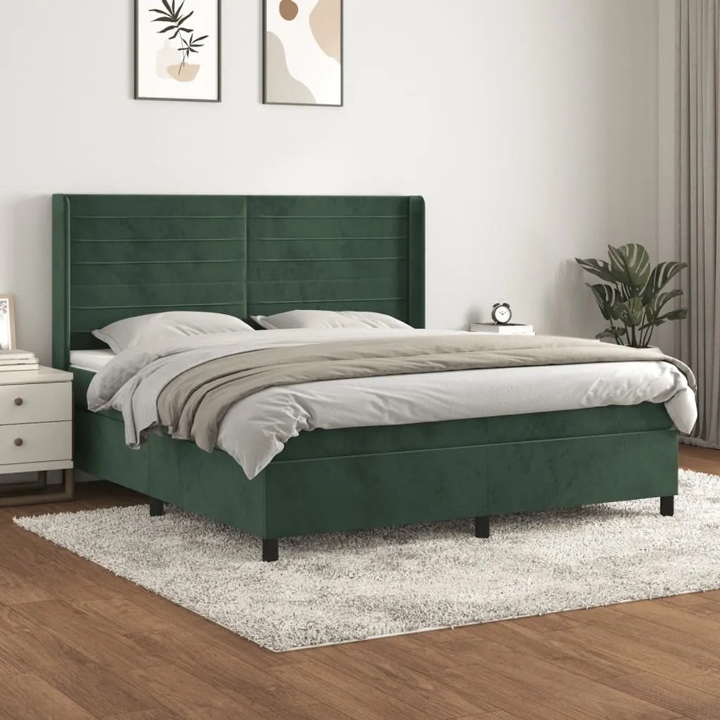 Κρεβάτι Boxspring με Στρώμα Σκούρο Πράσινο 180x200εκ. Βελούδινο - Πράσινο