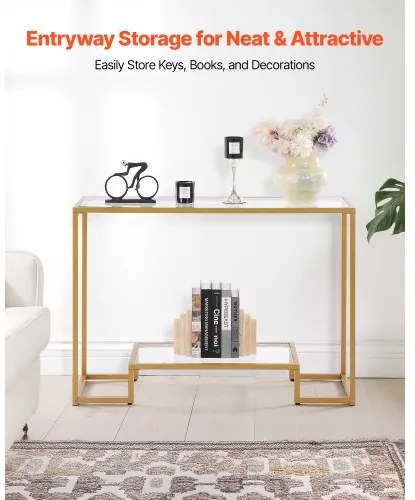 VEVOR 2-Tier Glass Console Table Rectangle Sofa Side Table with Anti-Tip Golden