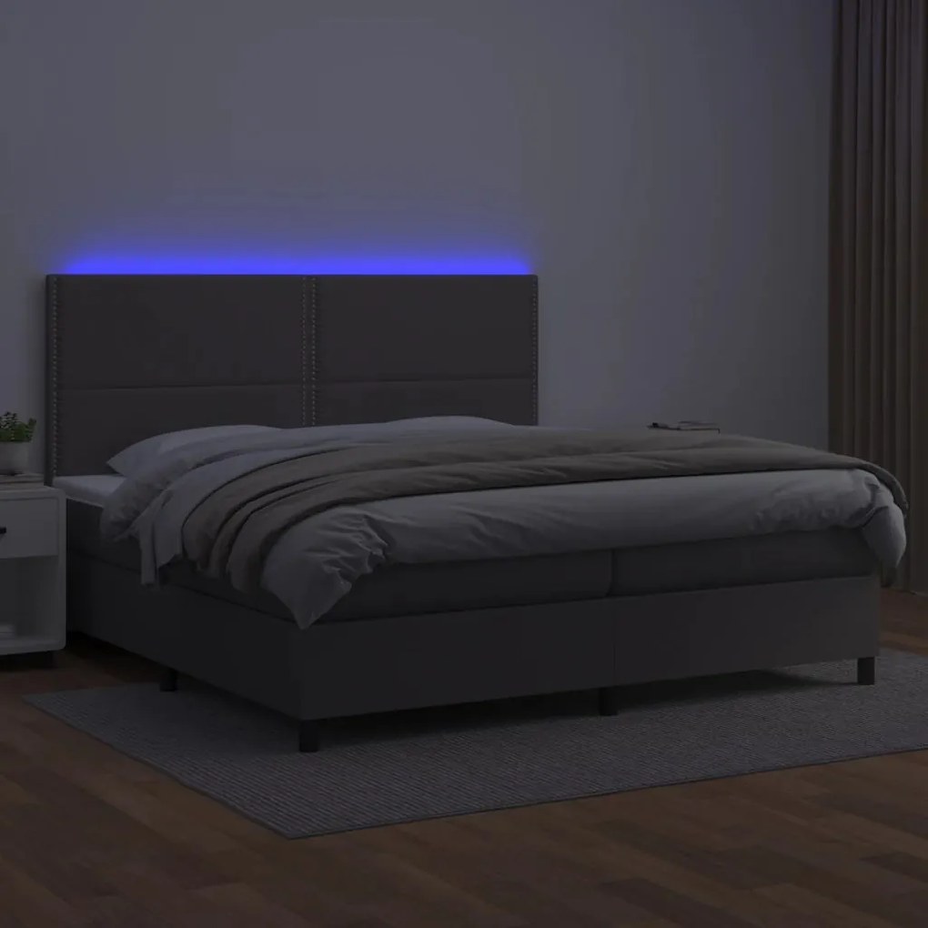 vidaXL Κρεβάτι Boxspring με Στρώμα & LED Γκρι 200x200 εκ. Συνθ. Δέρμα