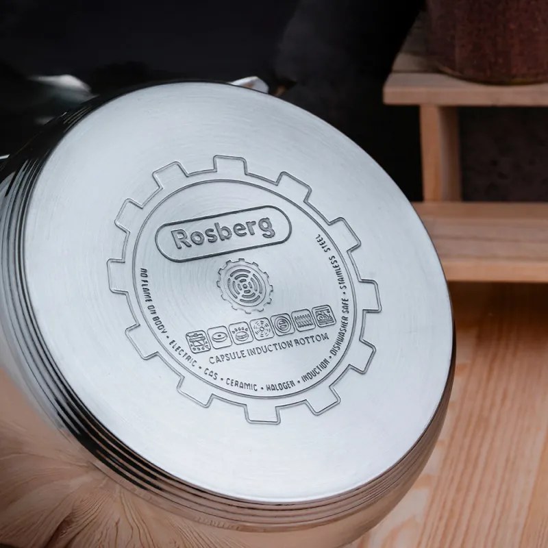 Σετ μαγειρικών σκευών Rosberg R51210L12, 12 τεμάχια, Πολυστρωματικός πυθμένας, 2.0/6.5 λίτρα, Επαγωγή, Inox