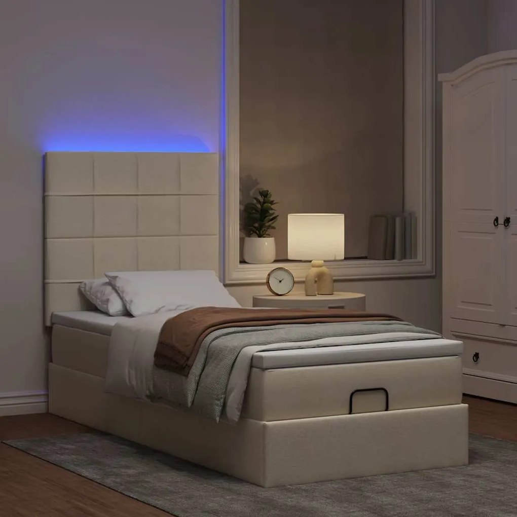 vidaXL Οθωμανικό κρεβάτι με στρώμα & LEDs Cream 90x190cm ύφασμα