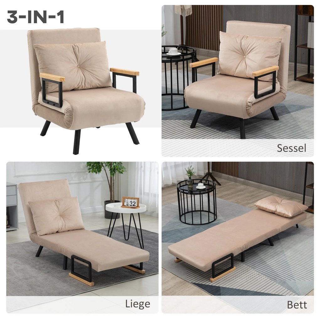 HOMCOM Πολυθρόνα Relax σε Σκανδιναβικό Σχέδιο, Πολυθρόνα Ανάκλισης, Πολυθρόνα Ανάγνωσης. περιλαμβάνει Μαξιλάρι με Κουμπιά, Μαύρο + Φυσικό