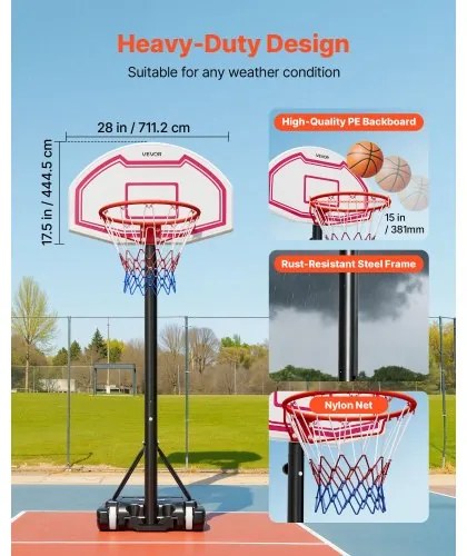 VEVOR Portable Basketball Stand, 1.6 to 2.1m Height Adjustment Basketball Hoop &amp; Goal, Kids Adjustable Basketballs Hoop with Nylon Net &amp; Rolling Wheels, Portable Backboard Set for Patios, Poolside