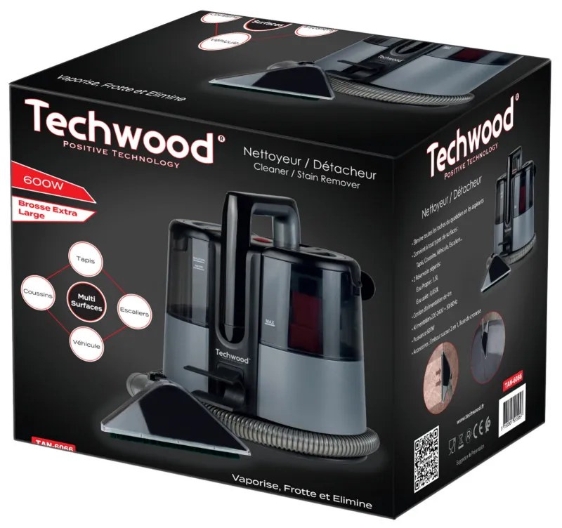 Ηλεκτρική σκούπα χαλιών και ταπετσαριών Techwood TAN-6066, 600W, Δεξαμενές καθαρού και απορριμμάτων, Μαύρο