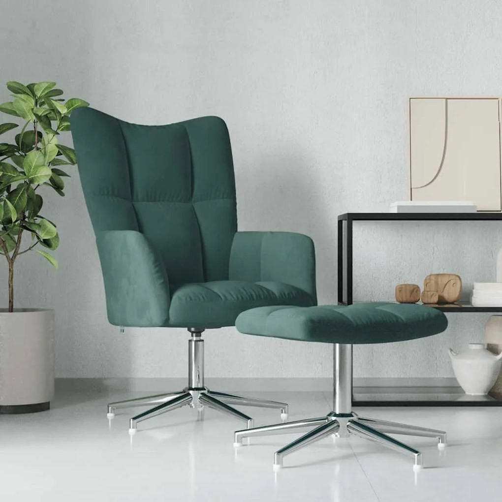 vidaXL Πολυθρόνα Relax Σκούρο Πράσινο Βελούδινη με Σκαμπό